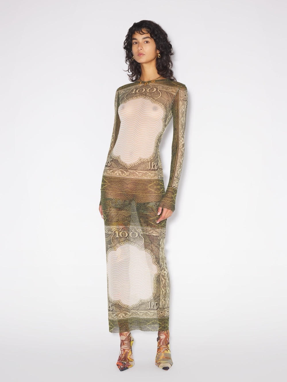 Jean Paul Gaultier Cartouche Money Dollar Mesh Sheer Long Sleeve Maxi Dress - Picture 1 of 11
